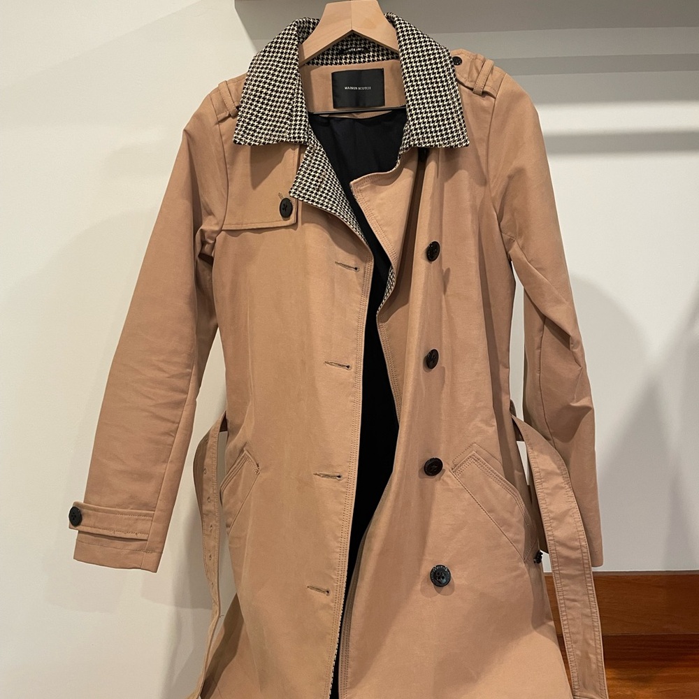 Scotch & Soda Camel Trench Coat with Houndstooth Collar, Size 1